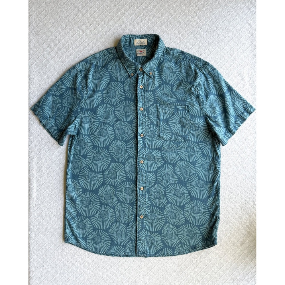 Faherty Breeze Shirt Stormy Sea Floral Short Sleeve Linen Tencel Blue Teal XL